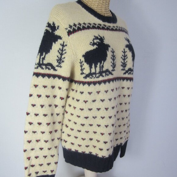 J Crew Womens Small Ivory Red Navy Reindeer Wool LS Sweater Crew Neck Hand Knit - Picture 11 of 11